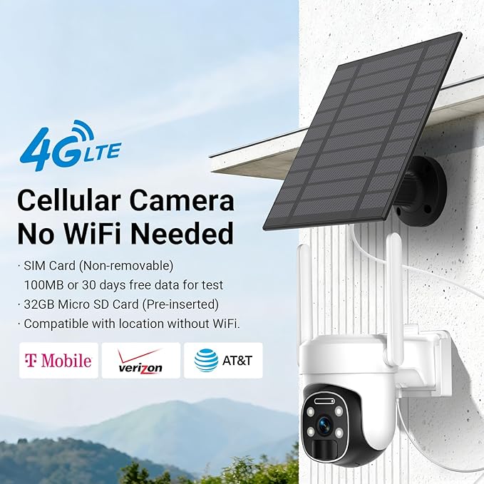 HUEVUE 4G LTE Cellular Security Camera Outdoor, 2K No WiFi Solar Camera Outdoor Wireless Color Night Vision, Cellular Cameras for Security 360° Viewing, PIR Motion Sensor for Farm/RV Update