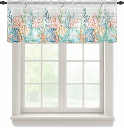 Summer Beach Sheer Valance Curtains, Ocean Colorful Coral Shell Seaweed by Houseown