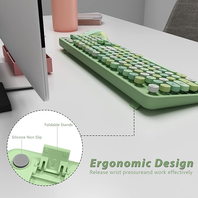 Green Wireless Keyboard and Mouse, KOOTOP Cute Green Colorful Keyboard and Mouse, 2.4G Wireless Keyboard with Retro Round Keycap for PC, Mac, Laptop,Tablet,Computer Windows (Green)