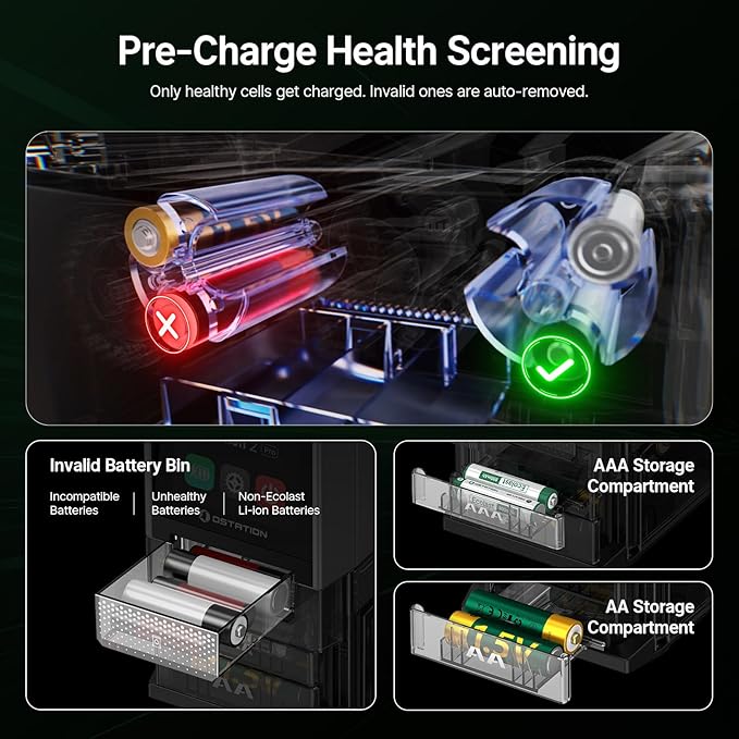 Ostation 2 Pro 3-in-1 Smart Battery Charger for AA & AAA Rechargeable NiMH & Li-ion Batteries, Polarity-Free, Auto Detection, App Control, Touchscreen, Flashlight Charging Ports (Batteries Not Incl.)