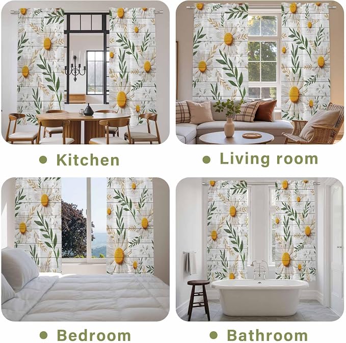 Spring Daisy Kitchen Curtains, Farmhouse Country Flower Leaf Plant Wood Grain - Image 8