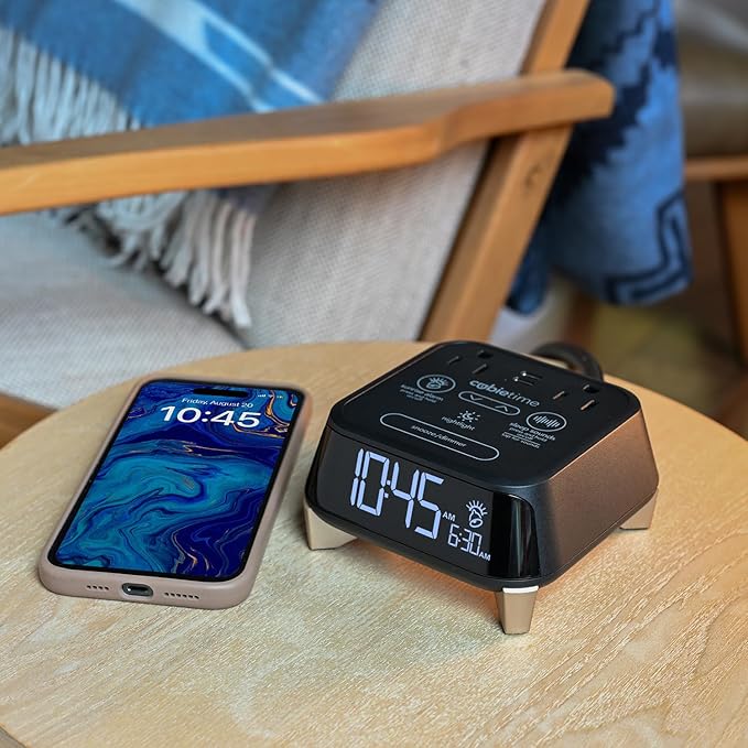 Brandstand CubieTime Zen | Alarm Clock Charger with White Noise and Sunrise Alarm | 2 USB-C Ports | 2 Tamper Resistant Outlets | Night Light