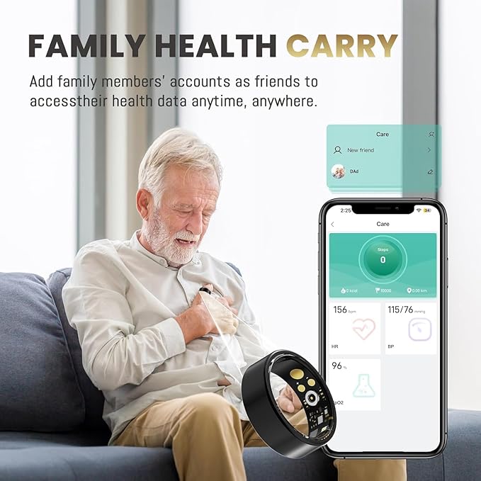 Smart Ring For Women Men, Health Tracker with Heart Rate, Blood Oxygen, Blood Pressure, Sleep Monitor, Step Counting, IP68 Waterproof Fitness ring, No App Fees for iPhone & Android (Black, 7#)