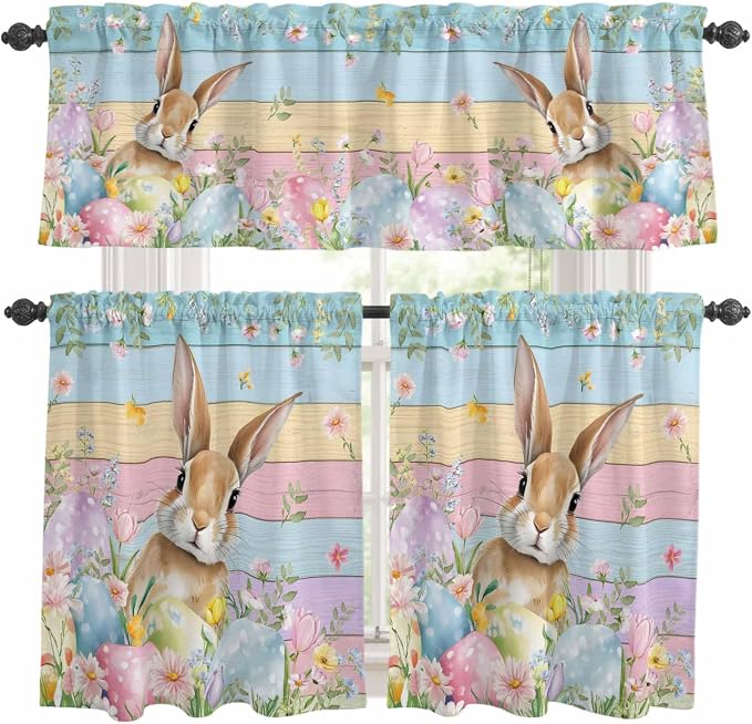 Kitchen Curtains Tiers and Valance Set of 3, Easter Light Filtering Window by Anzona