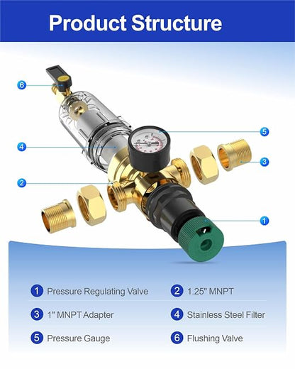 Spin Down Sediment Filter with Water Pressure Regulator, 2 in 1 Whole House - Image 3