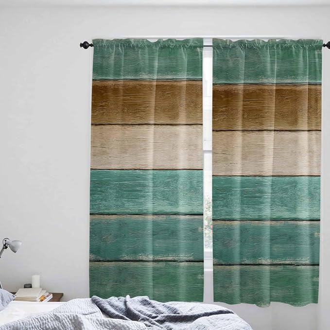 Vintage Plank Turquoise Brown Window Valance Curtains, Farmhouse Wood Grain - Image 8