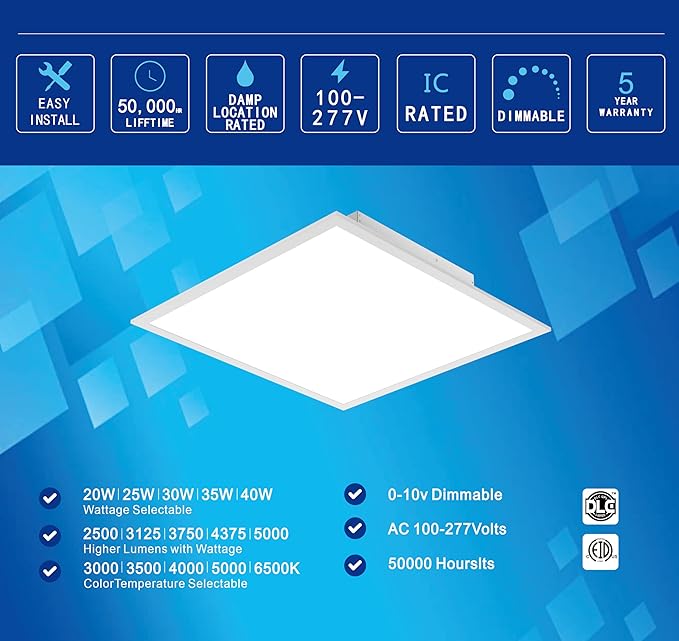 2x2 FT LED Light Flat Panel, 20/25/30/35/40W, 5 Color Temps 3K/3.5K/4K/5K/6.5K, Dimmable Recessed Drop Ceiling Lights, 2500-5000 Lumens, Lay in Fixture for Office, 120-277V, ETL DLC(6 Pack)
