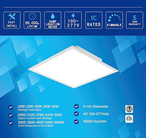 2x2 FT LED Light Flat Panel, 20/25/30/35/40W, 5 Color Temps 3K/3.5K/4K/5K/6.5K, Dimmable Recessed Drop Ceiling Lights, 2500-5000 Lumens, Lay in Fixture for Office, 120-277V, ETL DLC(6 Pack)