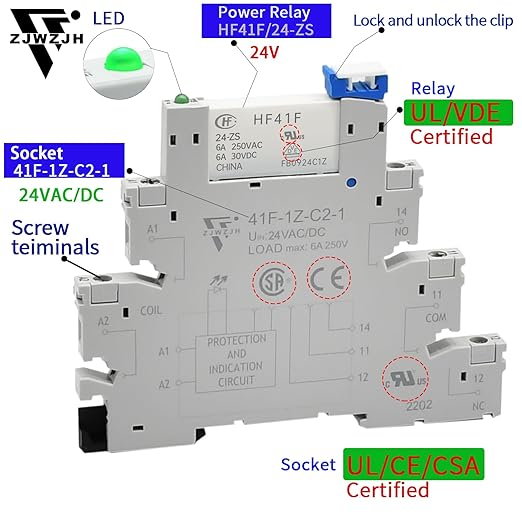 2Pcs Miniature Power Relay DC 24V HF41F/24-ZS 5 Pin 1NO 1NC 6A SPDT with LED Indicator with Socket Base 41F-1Z-C5 with DIN Rail UL Certification