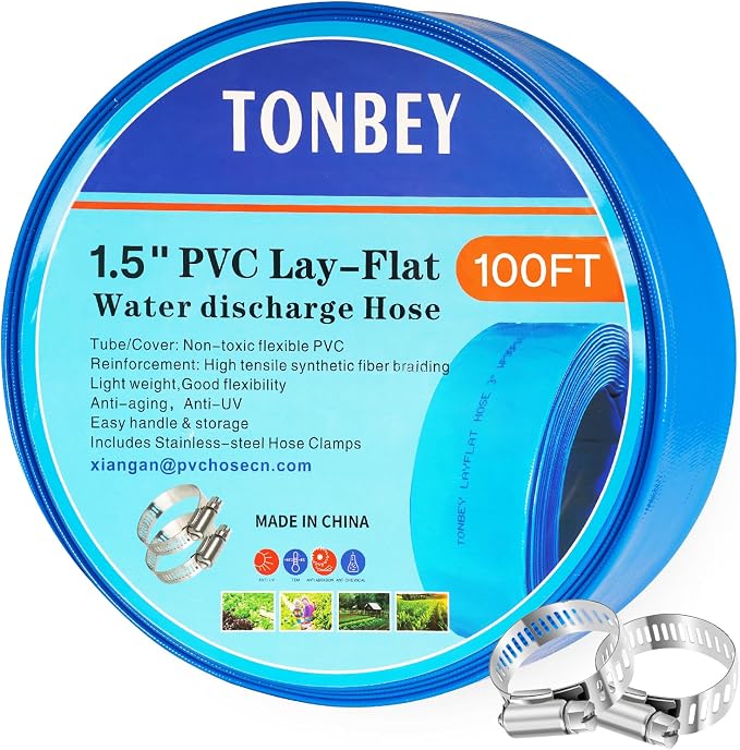 1.5" x 100 FT Pool Backwash Hose, Heavy Duty PVC Discharge Hose, Lay Flat by TONBEY