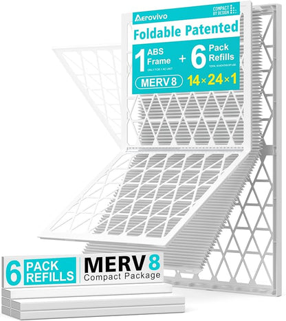 14x24x1 Refillable Air Filter Kit, MERV 8, 1 Reusable Foldable Frame ＆ 6 Refills by AErovivo