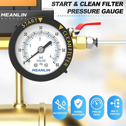 MEANLIN MEASURE 0~60Psi 1/4" NPT Start and Clean Filter Pressure Gauge - Image 7