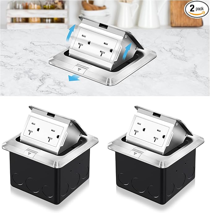 Vagueior Recessed Floor Electrical Outlet Kit,Waterproof Electrical Outlet Covcer Box,Hidden 20A Tamper-Resistant Receptacle Outlet with Slow Elastic Damping，ETL Certified,Silver (2 Pack)