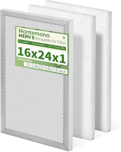 16x24x1 Reusable Air Filter MERV 8 Washable Furnace & AC Filter by Montemono