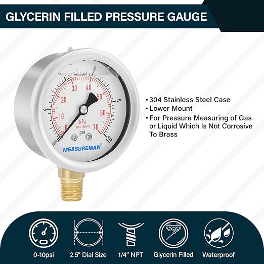 MEASUREMAN 2-1/2" dial, Glycerin Filled, Stainless Steel case, Brass Inside - Image 2