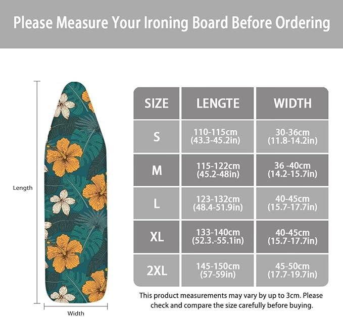 ZCFYGDX Hawaiian Flower Leaf Print Ironing Board Cover Large, Elastic Edges Nylon Buckle Straps Fasteners,L-Size (17 x 49 in) Resist Scorching & Staining Breathable Wear-Resistant Easy Install