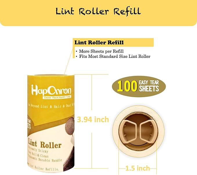 HapChron Extra Sticky Lint Roller Refills Only, Total 800 Easy Tear Sheets, Fits Most 3.9"-4" Standard Size Lint Roller with Inner Diameter at 1.5", Works Great On Pet Hair(Pack of 8)