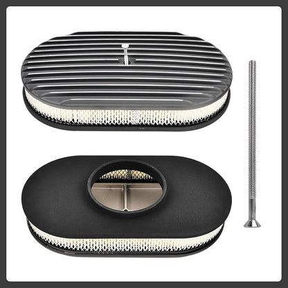 15" Black Aluminum Valve Covers Air Cleaner Kit Oval Full Polished Finned - Image 2