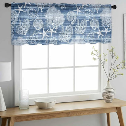 Navy Blue Retro Summer Sheer Valance Curtains, Sea Turtle Starfish Coral Ocean - Image 3