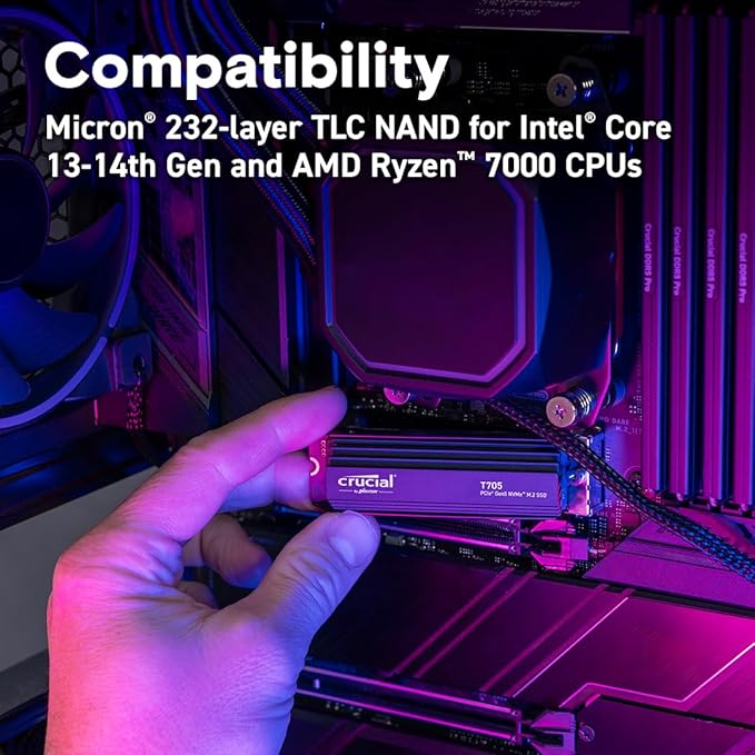 Crucial T705 PCIe Gen5 NVMe 1TB SSD with Heatsink, Up to 13,600MB/s, TLC NAND, Laptop & Desktop (PC) Compatible, for Creatives and Hardcore Gamers, Solid State Drive, 1Mo Adobe CC – CT1000T705SSD5