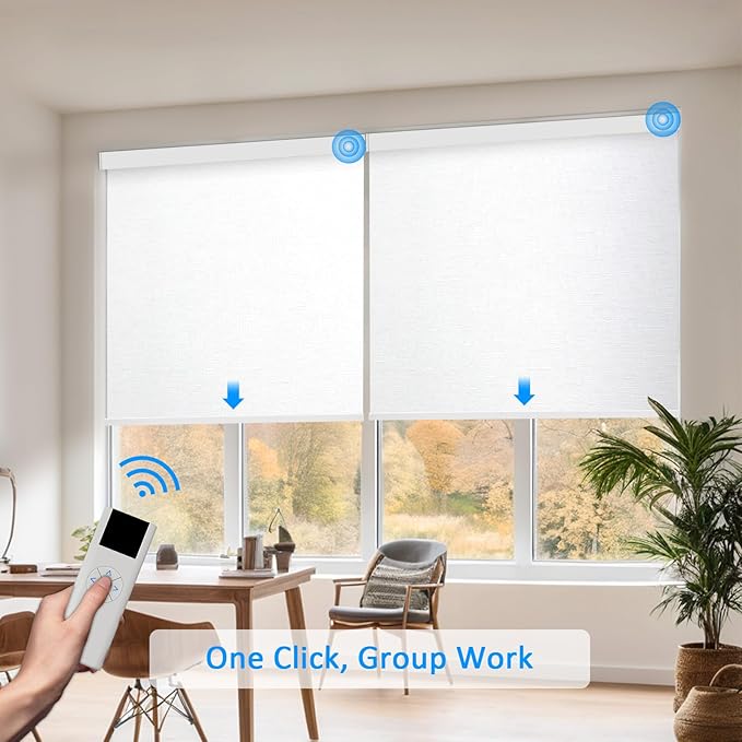 COOLWINDS Motorized Blinds with Remote Cordless Automatic Motorized Shades Custom Blinds for Windows Smart Curtains Compatible with Alexa Google Home(Blackout Jacquard White,W61 x H72in)