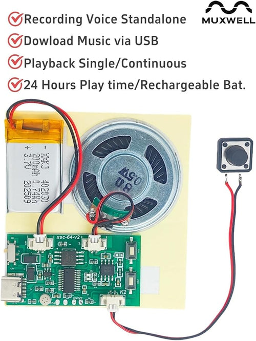 2pcs DIY Audio Recorder and Player kit,Record standalone or Download Music via USB Type-C,Compact Size, Includes PCB, Speaker, Battery, Buttons, for Personalized Greeting Cards, Music Boxes, and More