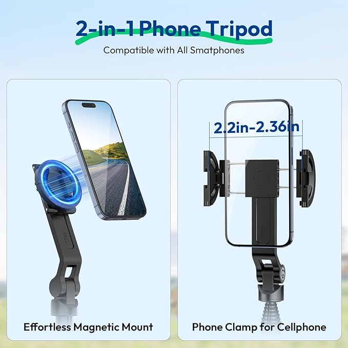 ULANZI TT88 Magnetic Tripod for iPhone 17, 57" Extendable Selfie Stick w Remote, 2-in-1 Phone Clip & Dual Cold Shoe Mounts-Lightweight Phone Tripod Stand for Vlogging, Travel, Video Recording, Black