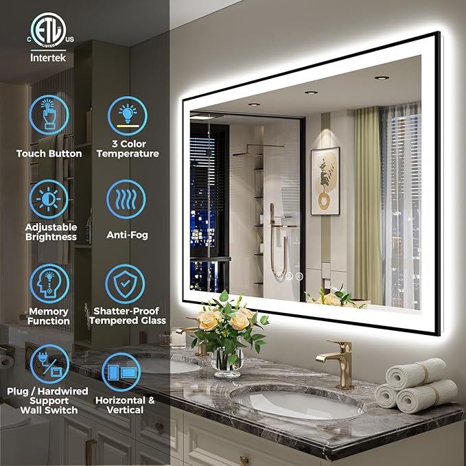 YEELAIT 40x36 Inch LED Bathroom Mirror with Lights (Front Lit and Backlit) Black Framed Lighted Vanity Mirror for Bathroom Wall Dimmable Anti-Fog Memory Tempered Glass Horizontal/Vertical