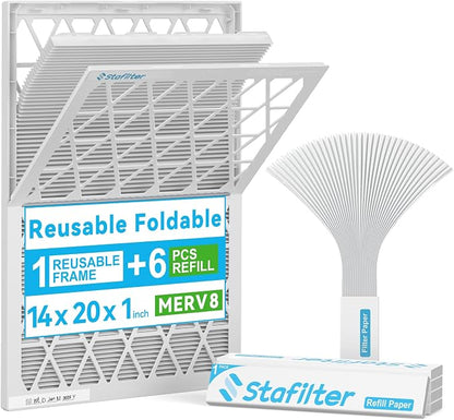Reusable 14x20x1 Air Filter, 1 Foldable Frame + 6 Refills by Stafilter