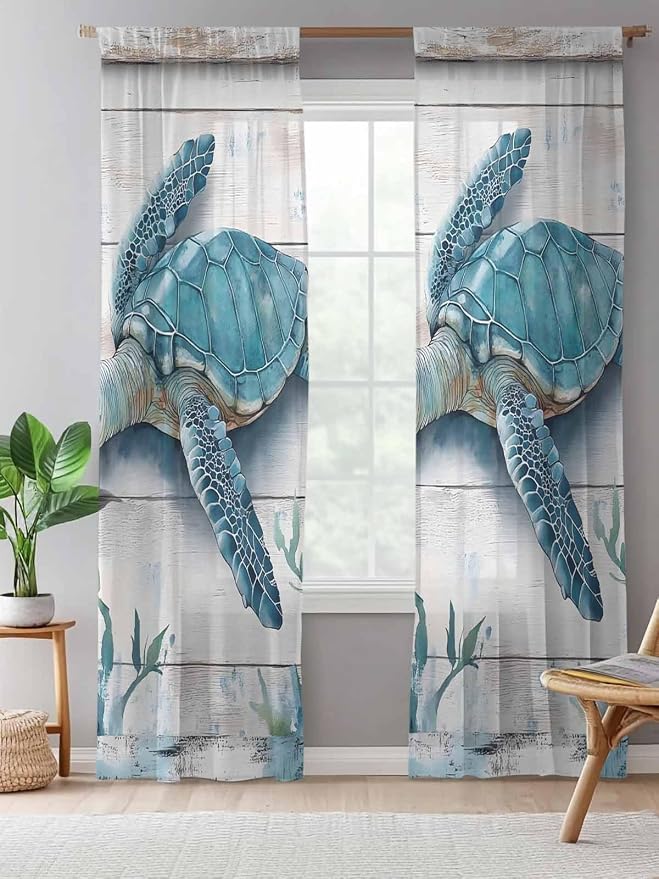 Sheer Curtains 108 Inches Long, Teal Green Sea Turtle Semi Sheer Curtains Light - Image 5