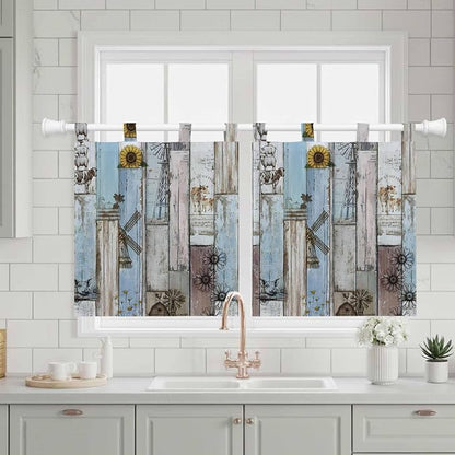 Blue Grey Wooden Kitchen Curtains 24 Inch Length, Small Window Curtains Tab Top - Image 3