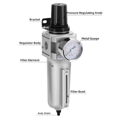NANPU Industrial Grade Heavy Duty Particulate Filter & Air Regulator, Metal Bowl - Image 3
