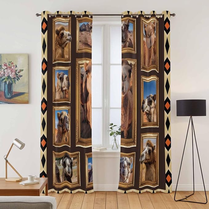 2 Panel Kitchen Cafe Curtains, Wildlife Camels Sunlight Filtering Nature Air - Image 2