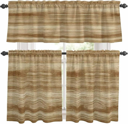 Kitchen Curtains Tiers and Valance Set of 3, Light Brown Wood Grain Light by Anzona