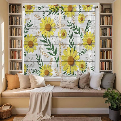 Yellow Daisy Kitchen Curtains, Farmhouse Country Flower Leaf Plant Wood Grain - Image 3