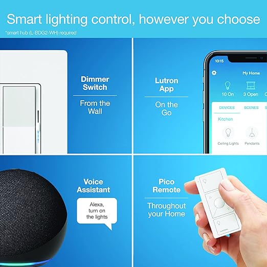 Lutron Diva Smart Dimmer Light Switch for Caseta Lighting (Lutron Smart Hub Required), for LED Lights, 150W, Single-Pole/3-Way, No Neutral, White - 6 Pack