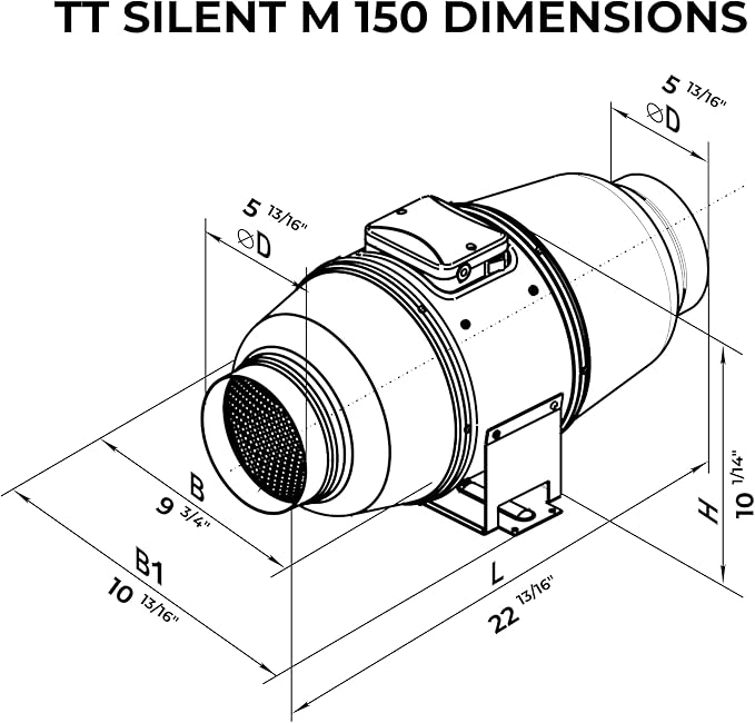 VENTS-US TT Silent M 150-6" Inline Mixed Flow 6” Duct Fan Includes Double-speed capacitor motor with Thermal Overload Protection – UV Resistant, Quiet Operation, Up to 327 CFM