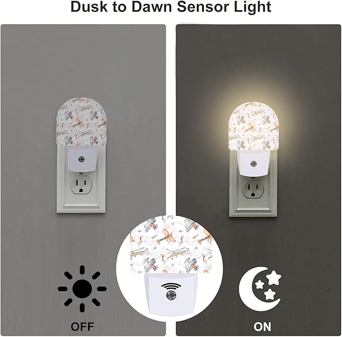 sndheke Funny Cartoon Airplanes Night Light, Retro Watercolor Planes Dusk to Dawn Night Light Plug in,0.5w Energy Saving Sleep Friendly NightLight for Kids Boys Girls Home Decor