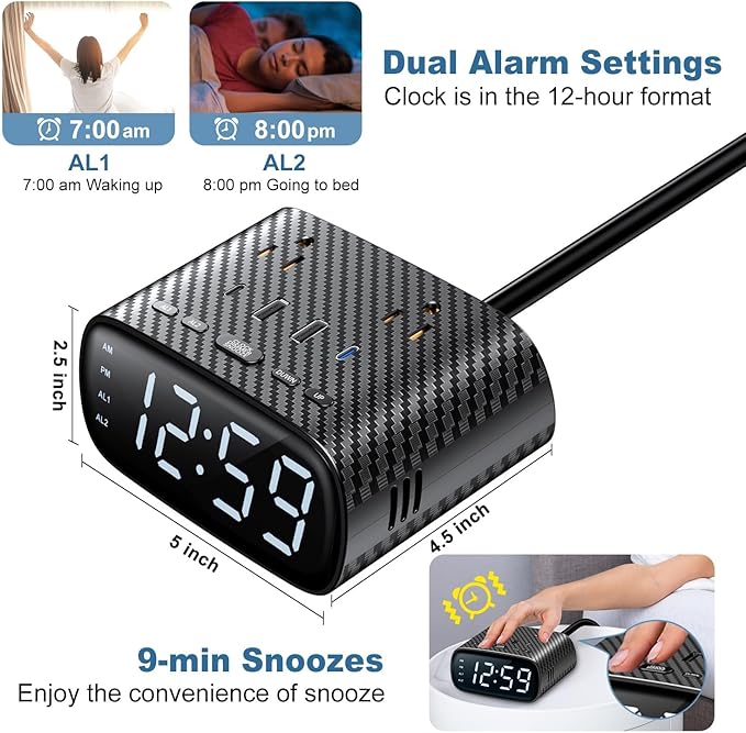 2PCS Alarm Clock with 2 USB-C, 2 USB-A Chargers Power Strip 2 Outlets - Screen LED Dimmable Digital Clock with Snooze Function - Dual Alarm for Bedside Nightstand