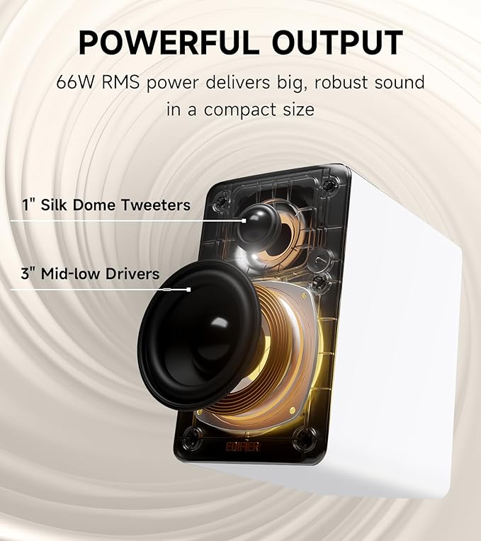 Edifier M60 Multimedia Speaker Bluetooth 5.3, 66W RMS, Hi-Res Audio & Hi-Res Wireless Audio, LDAC,3" Mid Bass & 1" Tweeter, USB-C & Aux Inputs, Compact Desktop Speaker - White