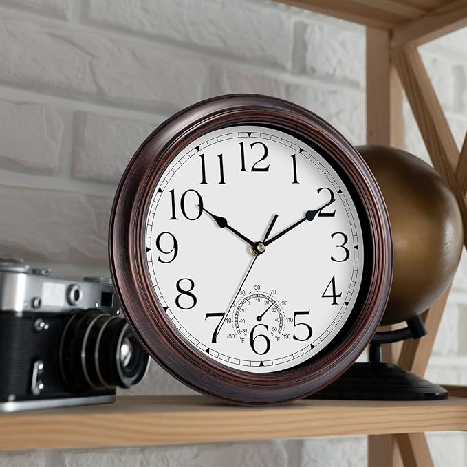 KECYET 14 Inch Outdoor Wall Clock with Thermometers, Vintage Silent Wall Clocks Battery Operated, Retro Non-Ticking Clock Decorative for Living Room, Patio, Kitchen, Office, Bathroom, Bedroom(Bronze)