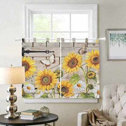 Farm Flowers Kitchen Curtains 45 Inch Length, Short Cafe Window Curtains Tab Top - Image 2