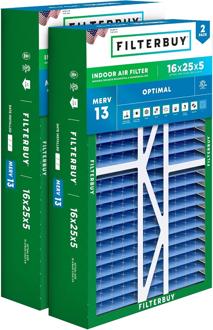 Filterbuy 16x25x5 Air Filter MERV 13 Optimal Smoke & Allergy Defense, Pleated by Filterbuy