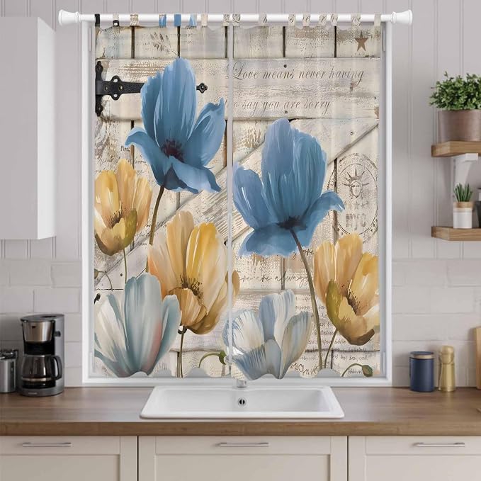 Blue Yellow Tulips Living Room Curtains 96 Inch Length, Window Curtains Tab Top - Image 9