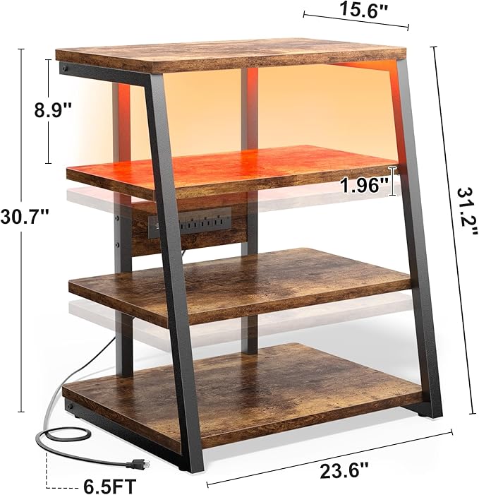 Besiost AV Media Stand with Outlets, Media Console with LED Lights, Stereo Racks and Stands with Storage Shelves, Media Audio Tower Cabinet, Rustic Brown