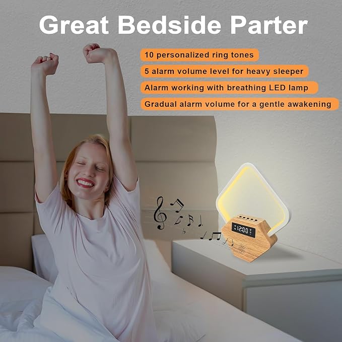 Wood Sunrise Alarm Clock with White Noise Machine 3 Color Night Light 15 Soothing Sounds Sleep Aid 30/60/90min Timer 10 Alarm Ringtones USB C PD Phone Charger Anniversary Birthday Gifts for Women Men