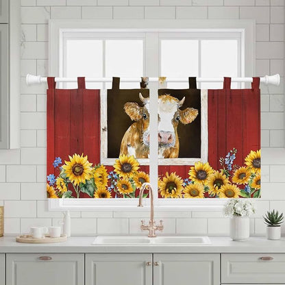 Cows Sunflowers Kitchen Curtains 36 Inch Length, Small Window Curtains Tab Top - Image 3
