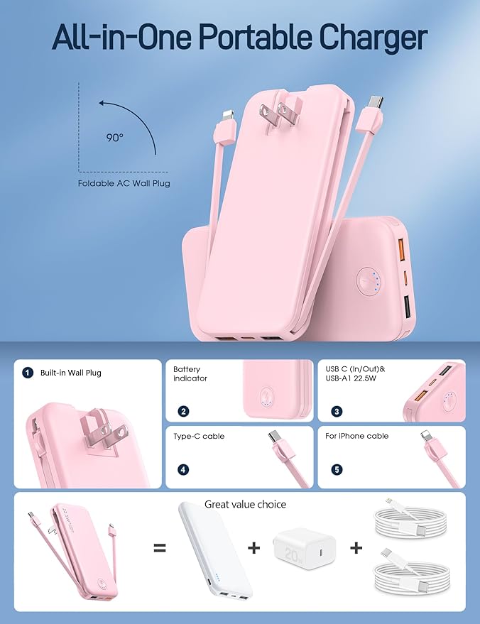 Nusyddy Portable Charger, 12000mAh 22.5W Fast Charging Power Bank with Built-in Cables & Wall Plug, Travel Essentials External Battery Pack, USB C Battery Phone Charger for iPhone, iPad, Samsung Pink