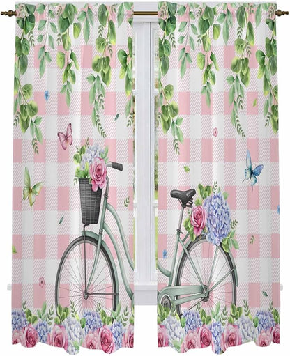 Spring Kitchen Curtains, Bicycles Leaves Butterfly Flowers Pink Buffalo Plaid by Unknown