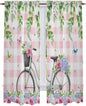 Spring Kitchen Curtains, Bicycles Leaves Butterfly Flowers Pink Buffalo Plaid by Unknown